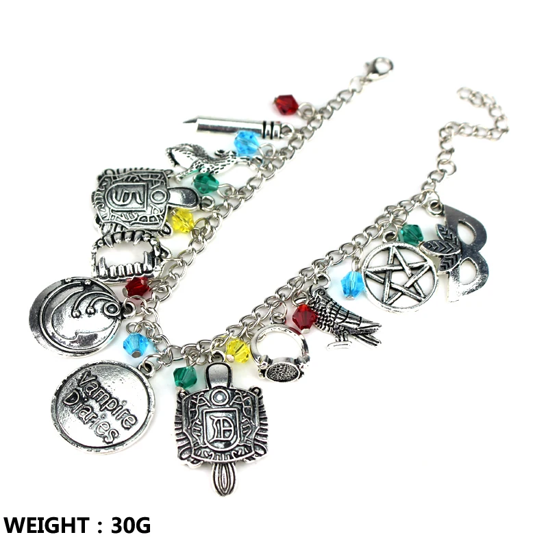 Trendy Ancient Silver Color Vampire Diaries Inspired Charm Bracelet Fashion Vintage Women Charm Crystal Jewelry Bracelet