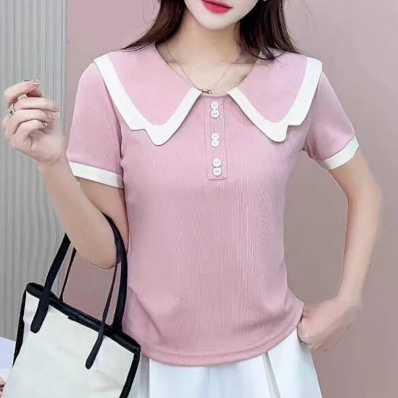 Turn-down Collar T-shirts for Women Panelled Design Young Girls Summer Tops Simple Design Korean Style Ins College Short Sleeve