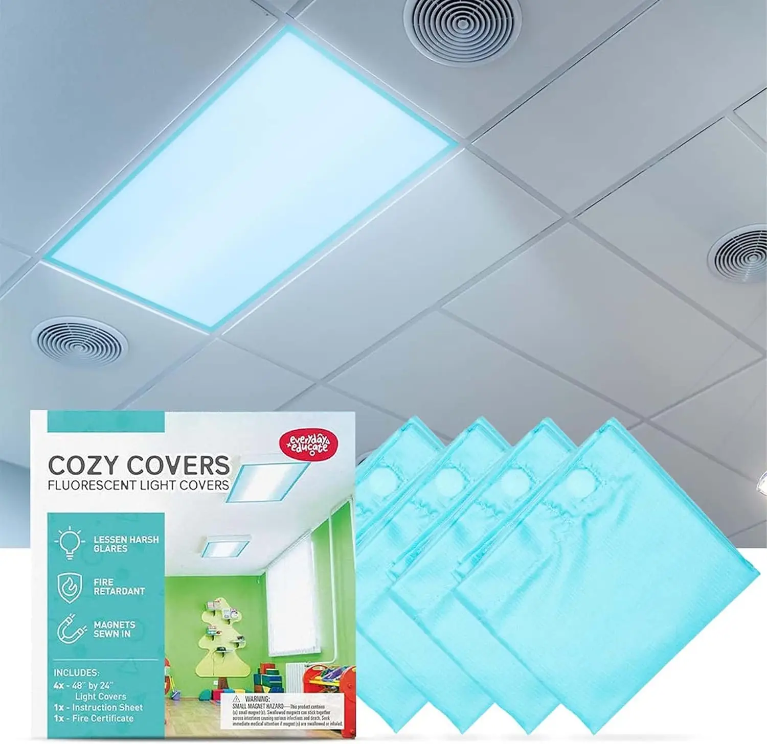 

Sky Blue Fluorescent Light Covers, 48x24 Inches, Magnetic for Office, Hospital, Home - 4 Pack
