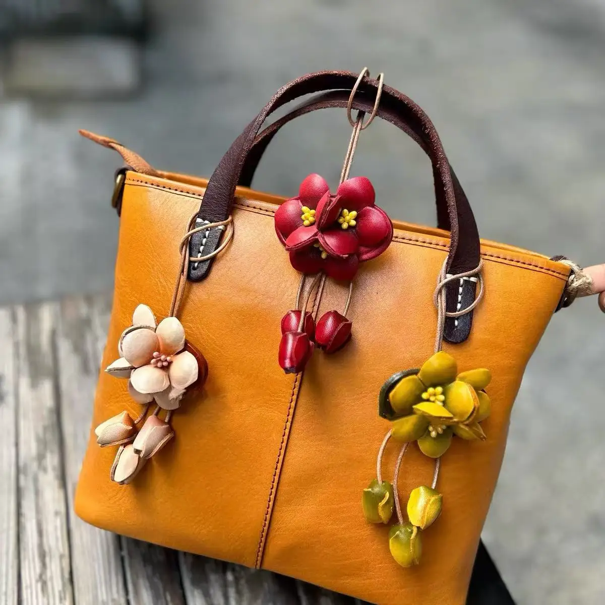 First Layer Cowhide Flower Bag Hanging  Key Chain Three-dimensional Phalaenopsis Bag Pet Car Jewelry Handmade  Style Flower