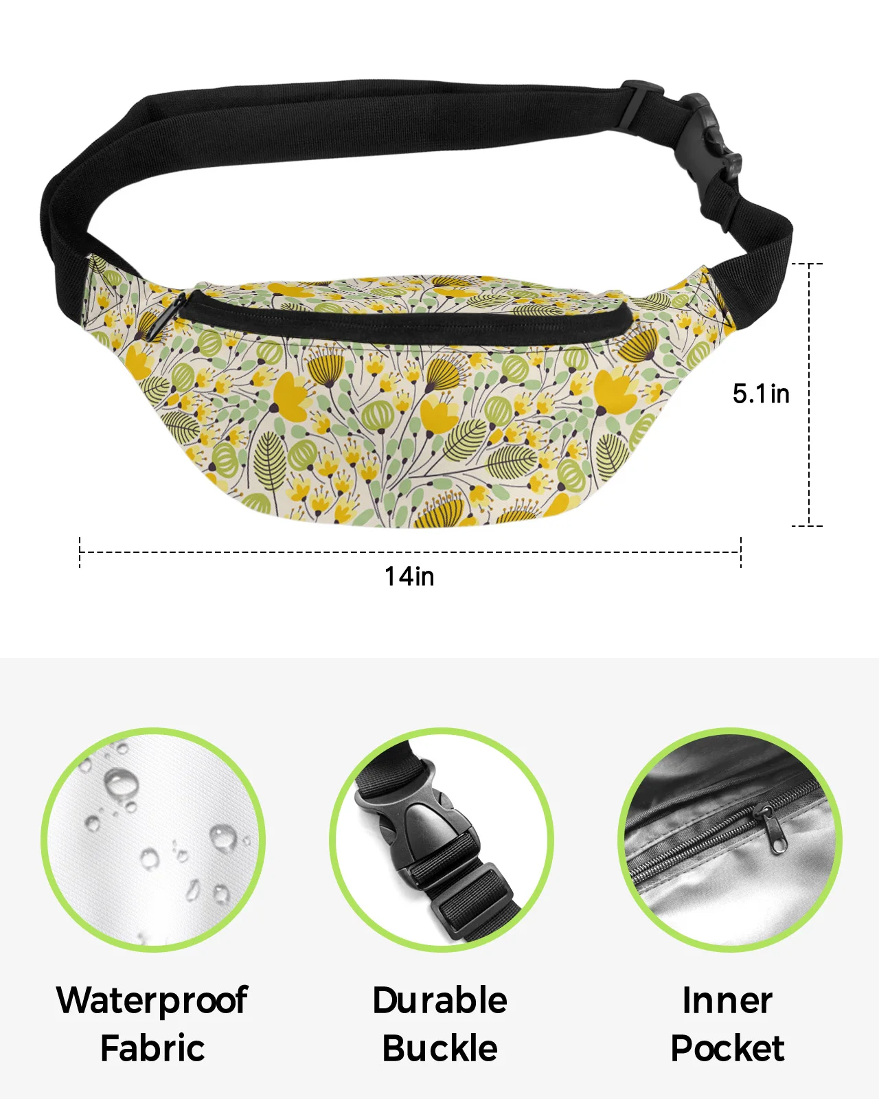 Yellow Geometric Floral Texture Waist Packs for Women Waterproof Outdoor Sports Waist Bag Unisex Crossbody Shoulder Bag