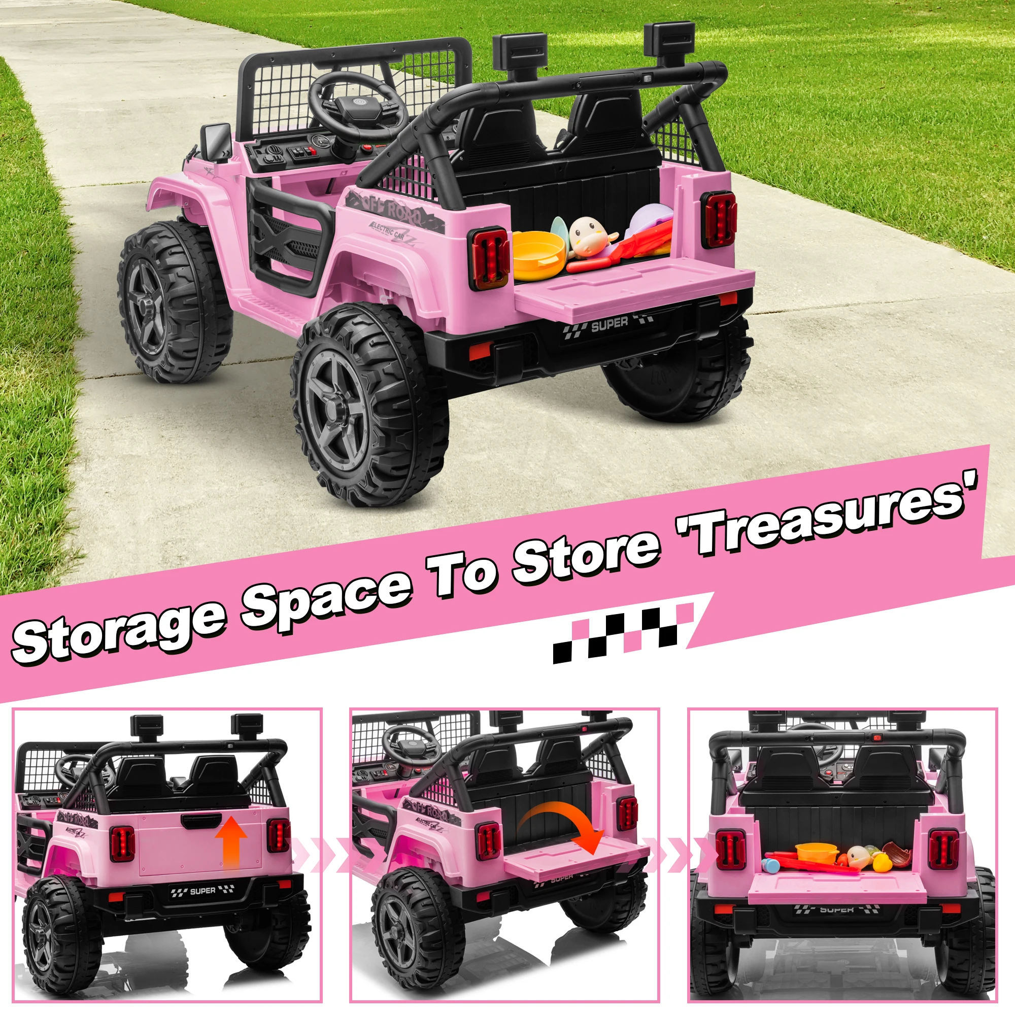 Coche de paseo XL de 24 V con control remoto, coche eléctrico conmutable de 2 plazas 4WD/2WD para niños con asiento de 20 pulgadas de ancho, flor de regalo,