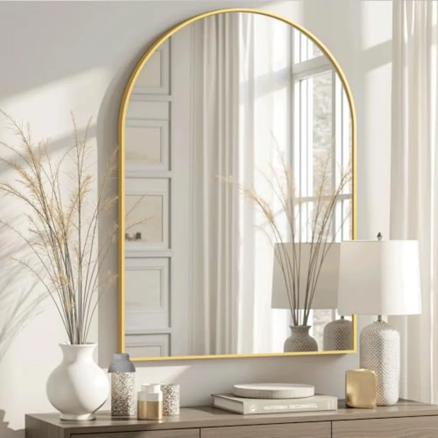 

Arched Bathroom Mirror for Wall Mirror for Vanity 38''x26'' Large Wall Mounted Mirror Metal Frame 38''x26'' Gold