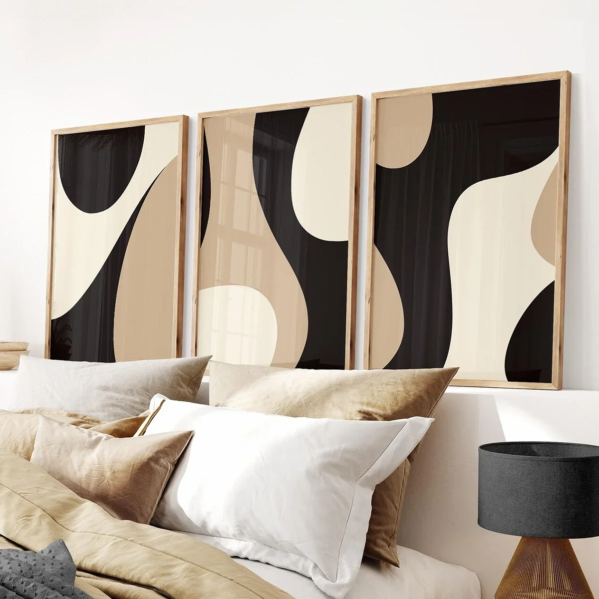 Multiple sizes 3pcs frameless Canvas Painting 3PCS Modern Neutral Gallery Wall Art  Black and Beige Abstract Art Farmhouse Decor