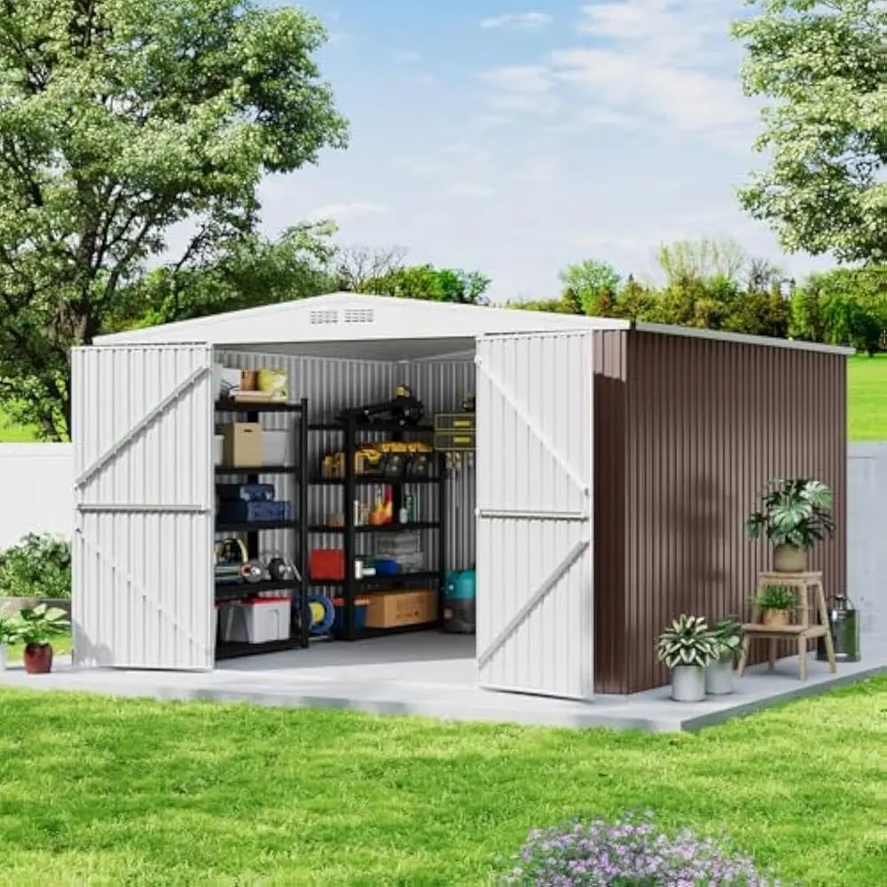 

8 x 7 FT Shed for Outdoor Storage, Galvanized Steel Metal Tool Sheds House w/Lockable Doors, Lock & Air Vent, Large Utility Shed