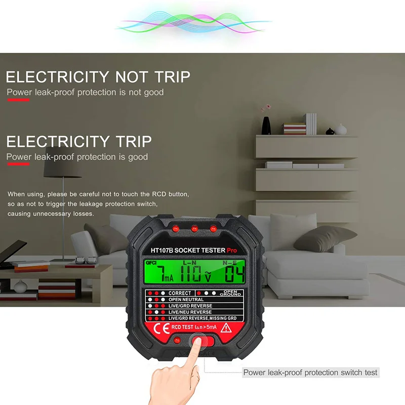 Outlet Tester ดิจิตอลจอแสดงผล STOP Kontak Listrik เครื่องทดสอบอัตโนมัติวงจรไฟฟ้าขั้วเครื่องตรวจจับแรงดันไฟฟ้า