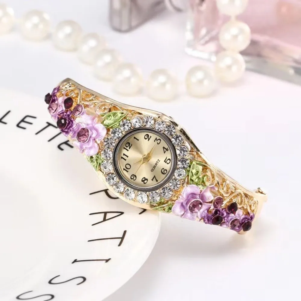 High Quality Retro Design Watches Flower Diamond Decoration Elegant Ladies Clock Casual Quartz Wristwatches Women