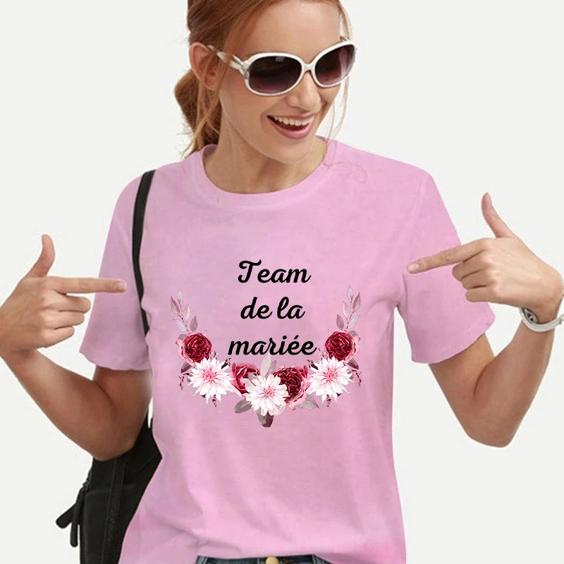 Francese EVJF Futuro Sposa T-shirt Sposa Matrimonio Squadra Sposa Top Addio al nubilato Abiti da donna Manica corta Corona di fiori Tees