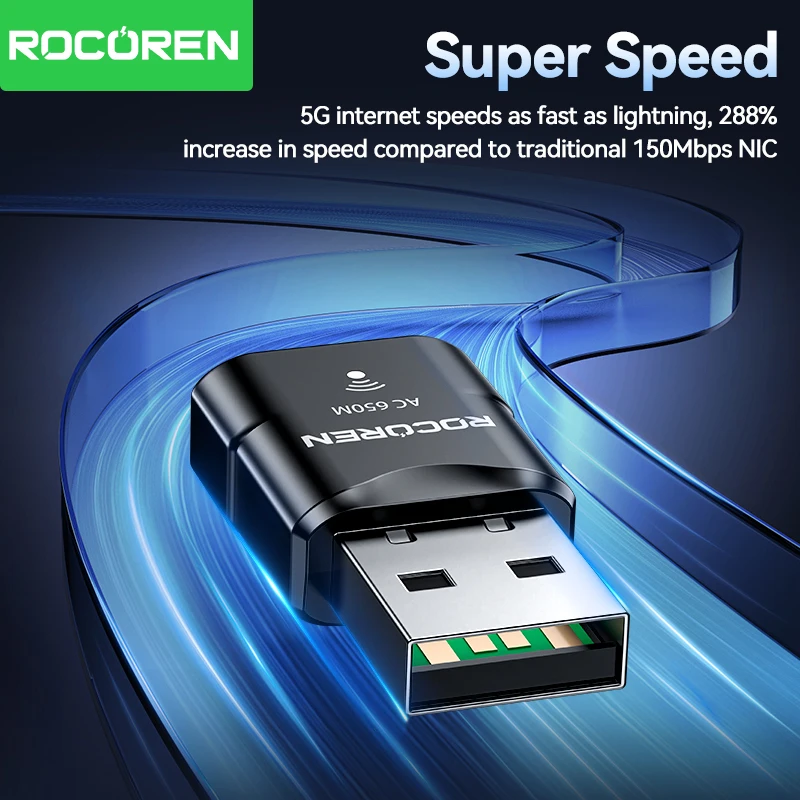 Rocoren 650Mbps Portable USB Wifi Adapter Wireless Ethernet Network Card Dual Band 2.4G/5G Dongle Wireless Wi-Fi Receiver For PC