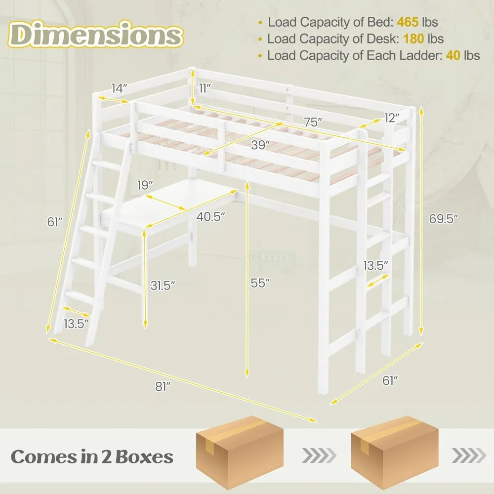 Twin Loft Bed with Desk, Solid Wood Loft Bed Frame with 2 Ladders, Safety Guardrail for Teenagers and Adults,Loft Bed