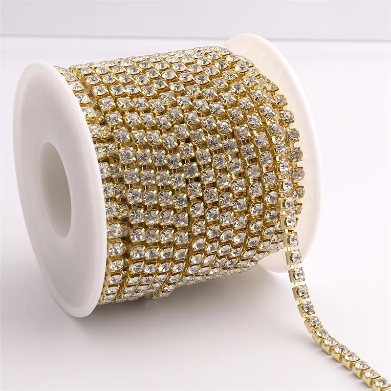 10Yards/Roll SS6-SS18 Crystal Rhinestone Chain 1 Row Glass Gold Claw Sew On Rhinestones for Diy Craft Dress Sewing Trimmings