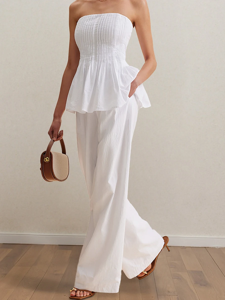 

White Casual Two-piece Set Women Summer New Off Shoulder Strapless Pleated Tube Tops Simple Fashion Elegant Wide Leg Pants Sets
