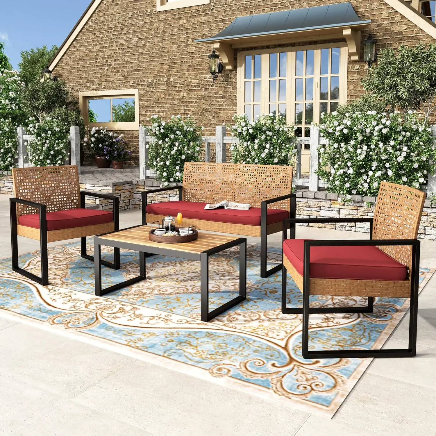 4-Piece Wicker Rattan Patio Conversation Set, Modular Outdoor Sofa Furniture, Customized