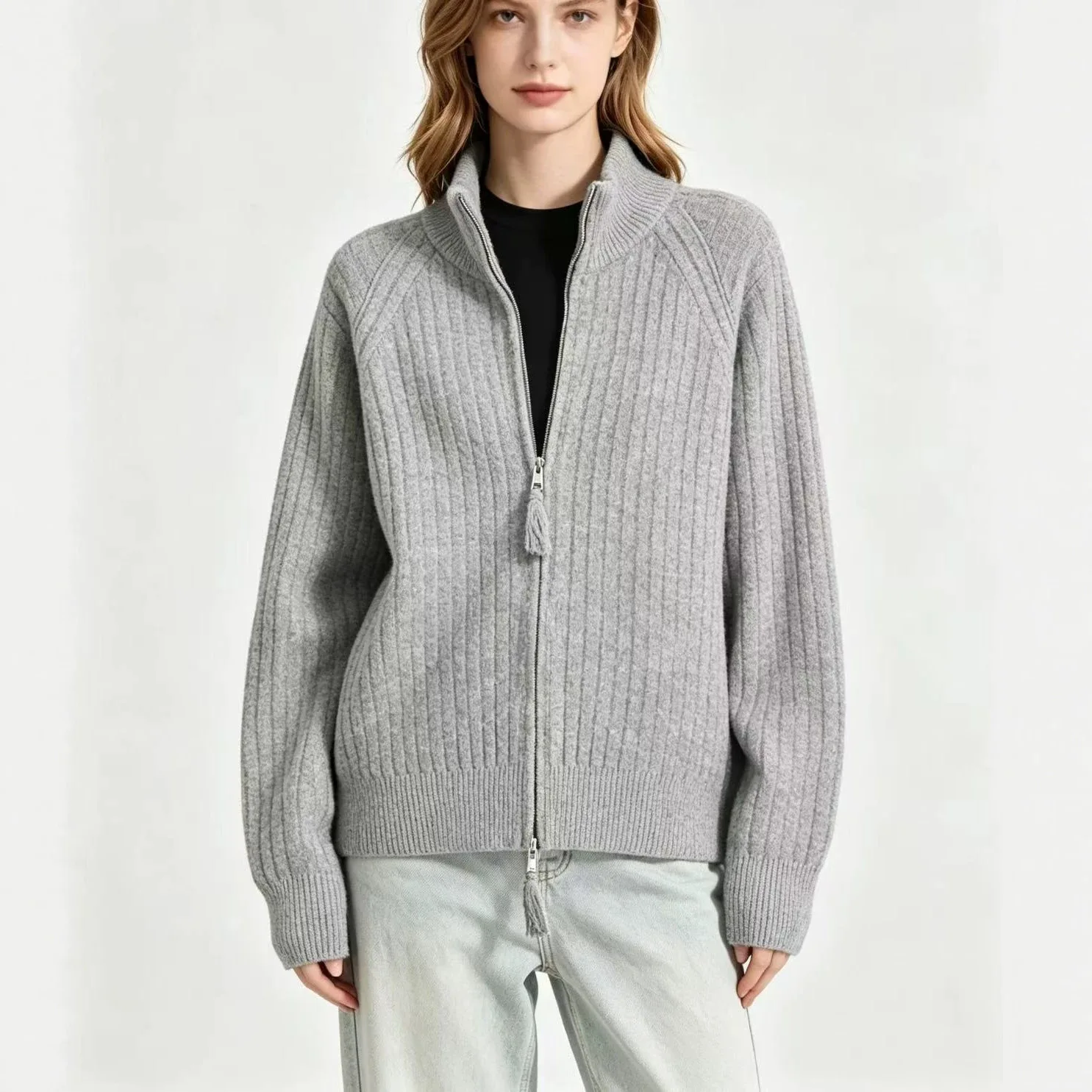 Stand collar double zipper knitted cardigan for women autumn and winter new high-end loose sweater jacket top for women