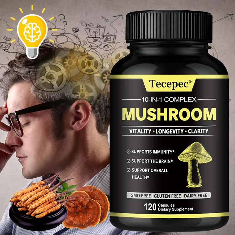 

10-in-1 Mushroom Complex with Lion's Mane and Reishi, A Brain Supplement That Helps Boost Memory and Focus, and Fights Stress