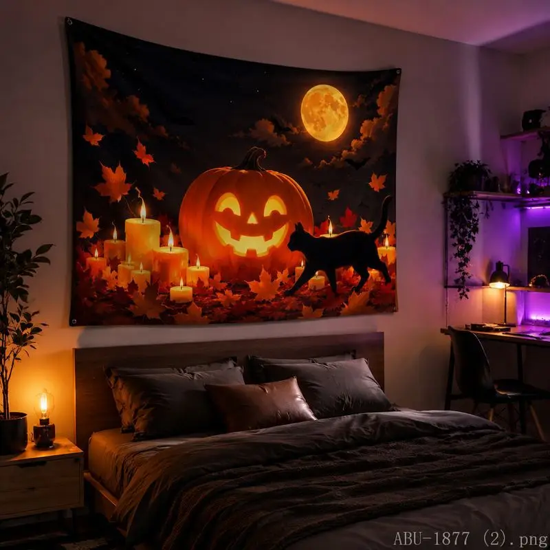 VIKAMA Halloween Tapestry Pumpkin Spider Black Cat Bat Moon Maple Leaf Candle Print Bedroom Living Room Wall Hanging Decor Cloth