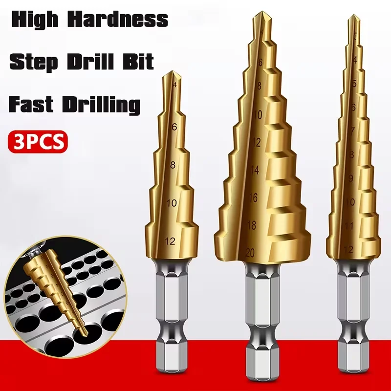 

3pcs titanium coated ladder drill, high-speed steel pagoda drill bit,suitable for metal and wood, porous hole DIY,durable
