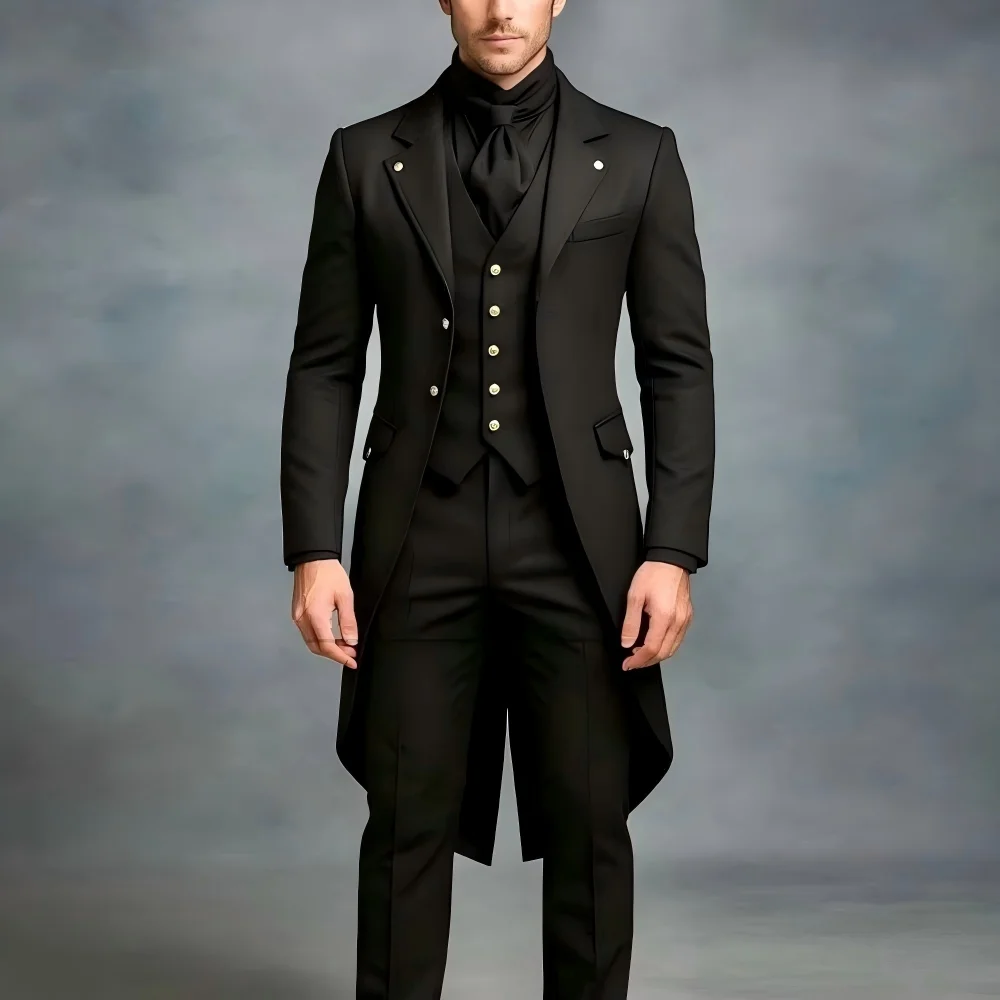 Men Black Long Tailcoat 3‑Pieces Wedding Groom Tuxedo Suit Separates Formal Prom Party Blazer Vest Pants Wedding Outfit