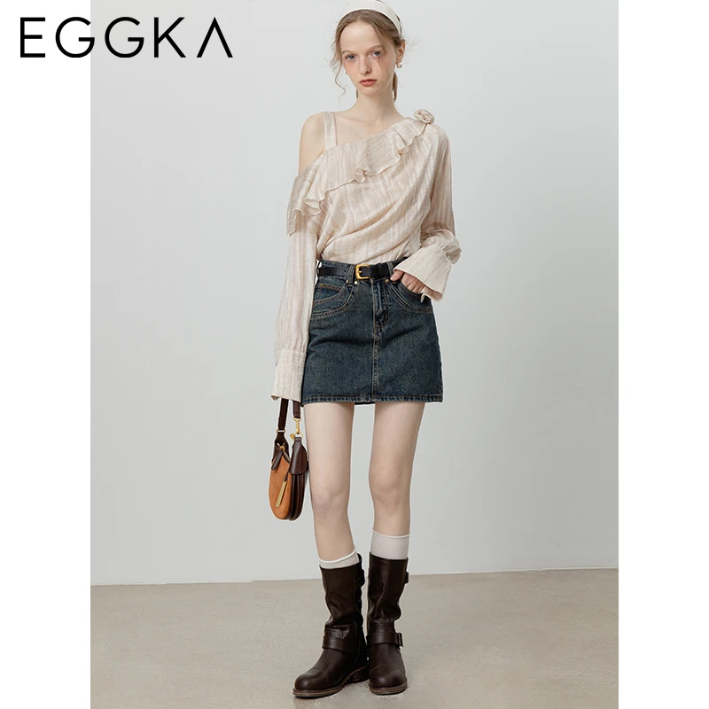 EGGKA Apricot Cubic Floral Shirt Strapless Ruffle Long Sleeve Shirts 2024 Autumn French Elegant Loose Blouse Casual Women Blouse