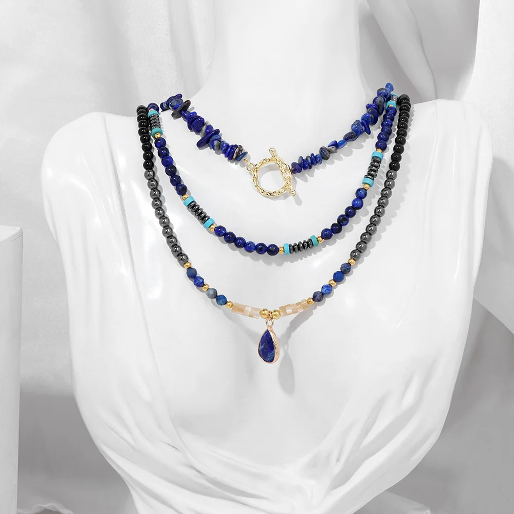 Drop Pendant Chip Stone Beaded Necklaces Set Natural Lapis Lazuli Quart Charm Necklace Vintage Female Energy Jewelry for Women