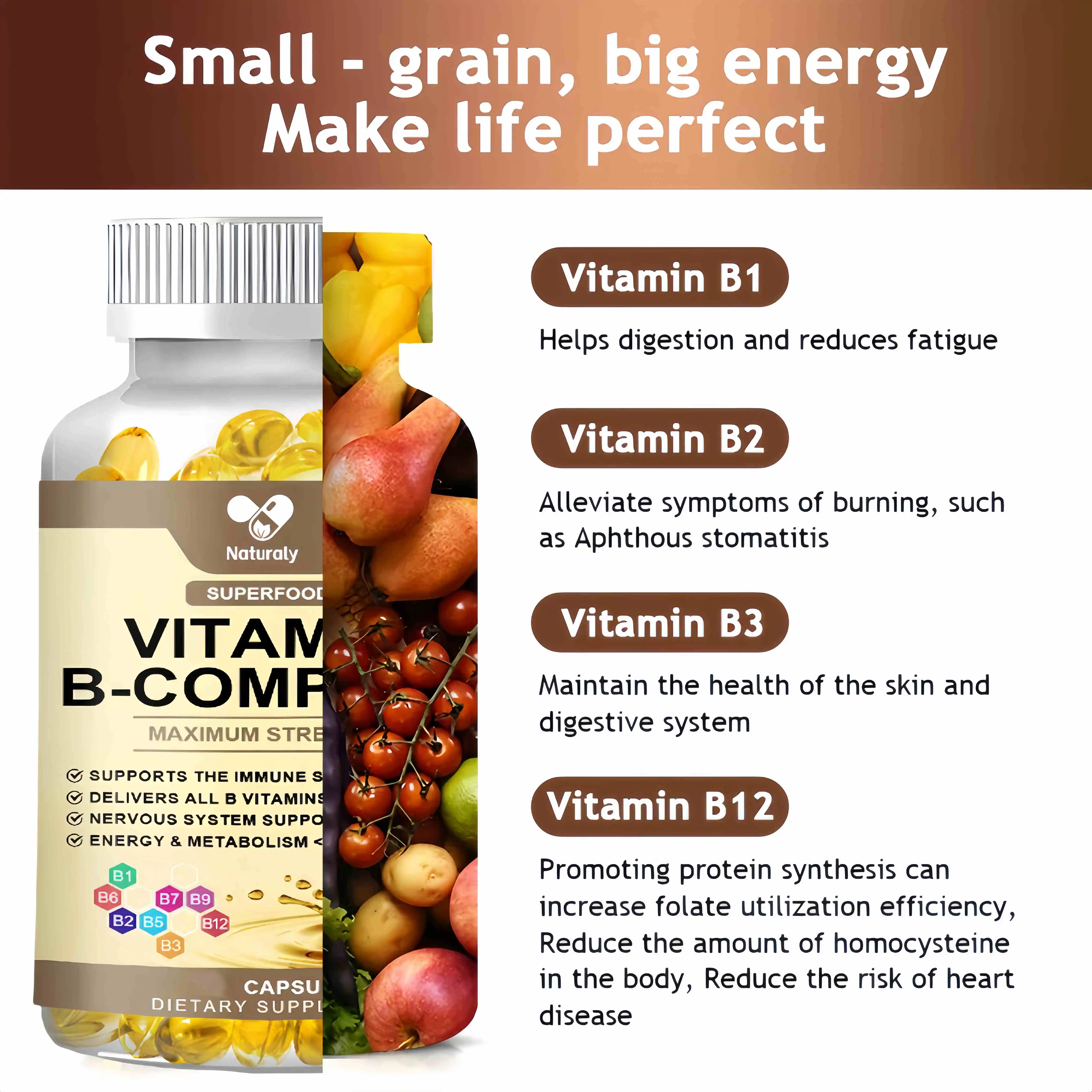 Vitamin B Complex Supplements B12 B1 B2 B3 B5 B6 Relieve Fatigue &Stress,Improve Digestion,Better Mood Support, Immune Capsules