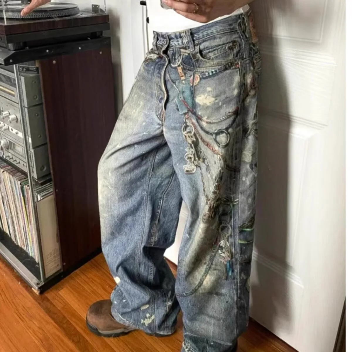 

2026 Новые мужские мешковатые джинсы с 3D цепочкой и принтом, осенние повседневные мешковатые прямые джинсовые брюки, женские уличные синие широкие брюки Y2K Jean
