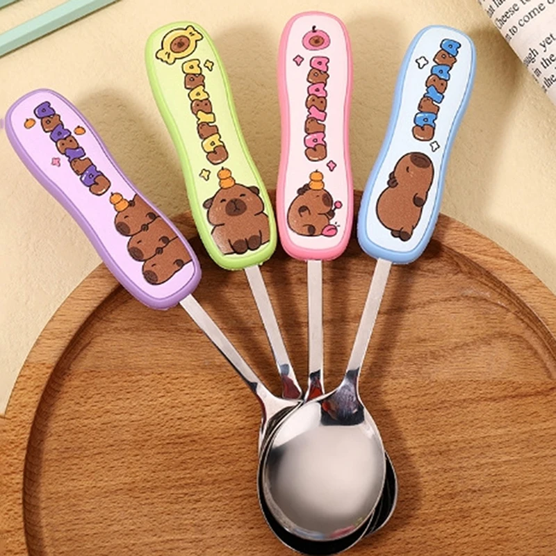 1 Set Kawaii Kapibala Spoon And Chopstick Suit Cartoon Portable Tableware Gift Cute Child Stainless Steel Spoon Silicone Handle