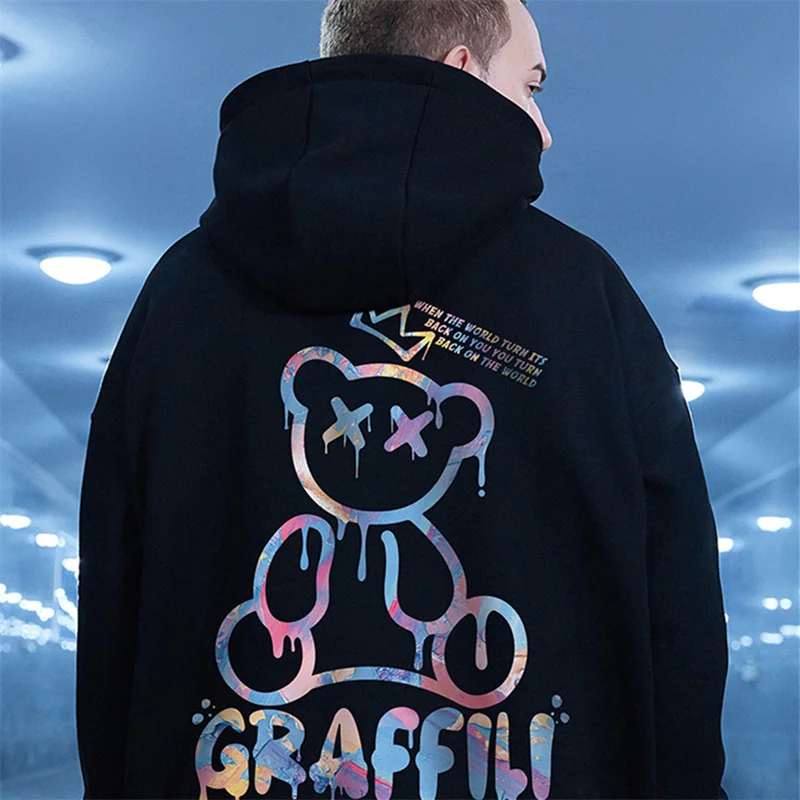 High Street Graffiti Bear Print Men\'s Fleece Hoodie Retro Autumn Casual Pullover Hooded Sweatshirts Hip Hop Y2K Hoodies Clothes