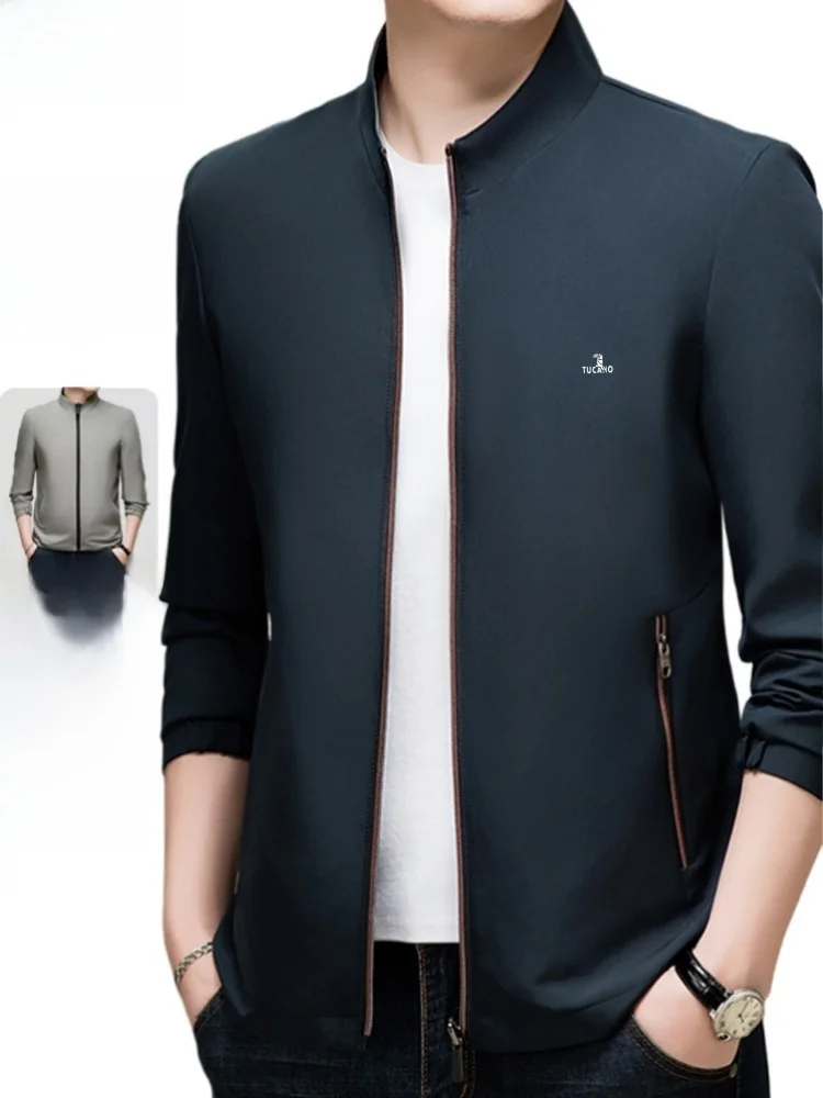 

Men's Casual Thin Jaet Stand Collar Double-Sided Wear Spring Autumn New Sle Busin irt Stand Fit Anti-Wrinkle