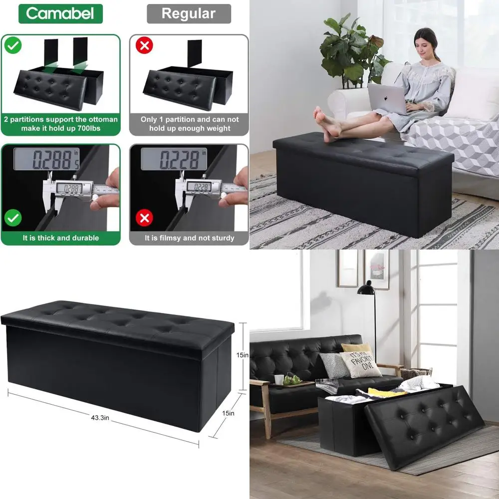 

43 Large Storage Ottoman Bench, 125L Capacity, Supports 700lbs, Padded Seat, Leather-Look, Bedroom Storage Stool, Coffee Table B