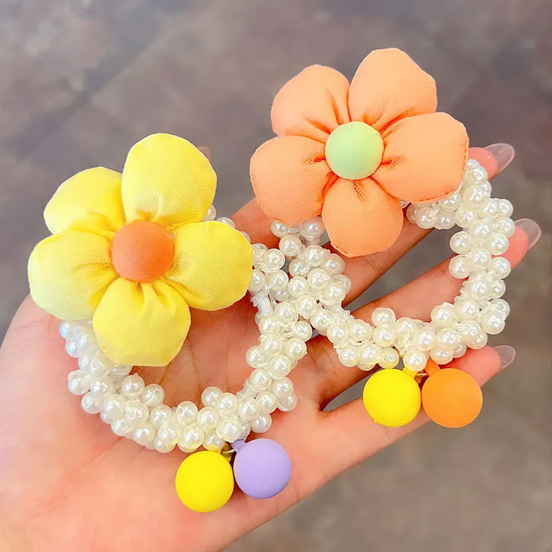 1 Piece Children's New Pearl Flower Hair Ring Little Girl Cute Ball Head Leather Band Headrope Girl Sweet Princess Headwear