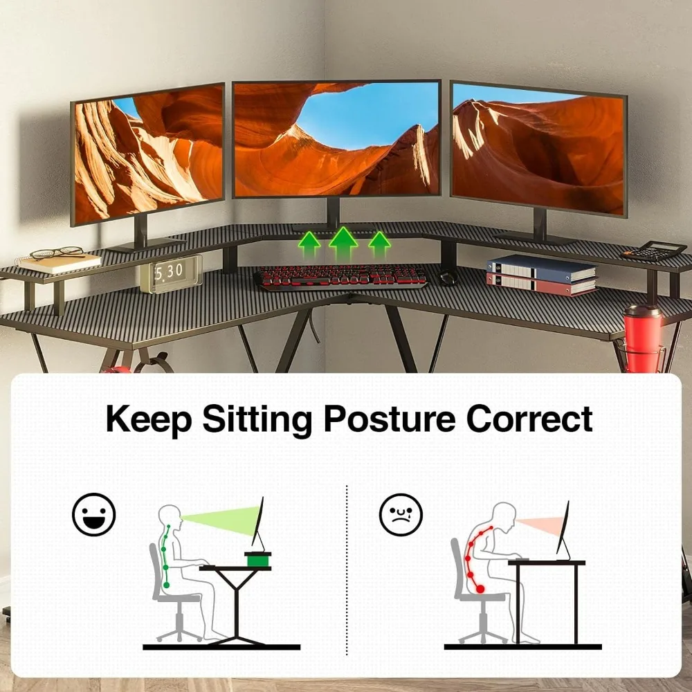 Spieltisch mit Haken Büro zubehör schwarzer Schlafzimmer Schreibtisch 50.4 "Computer tisch mit Monitorst änder & Kohle faser oberflächen arbeit