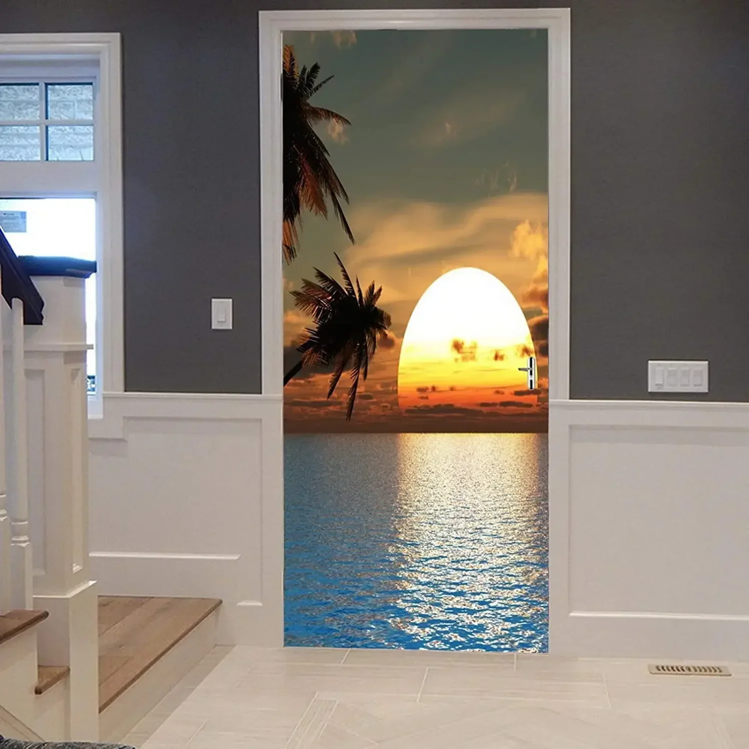 3d Waterfront Sunset Door Decal Ocean Landscape Decal Natural Ocean Landscape Mural Poster Wallpaper Family Bedroom Decoration