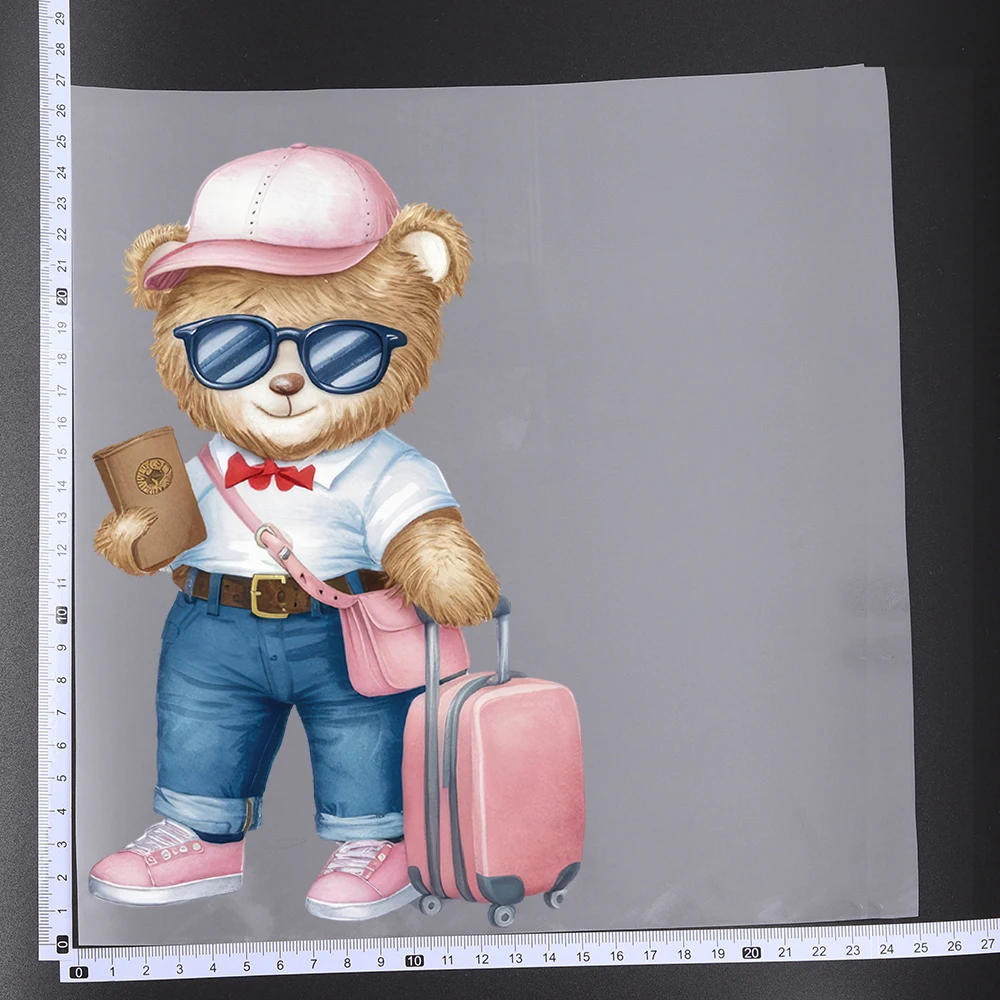 25CM Fashionable Bear Girl Traveling Heat Transfer Patches For Clothes DIY A-Level Washable Shirt Iron-on Thermal Sticker