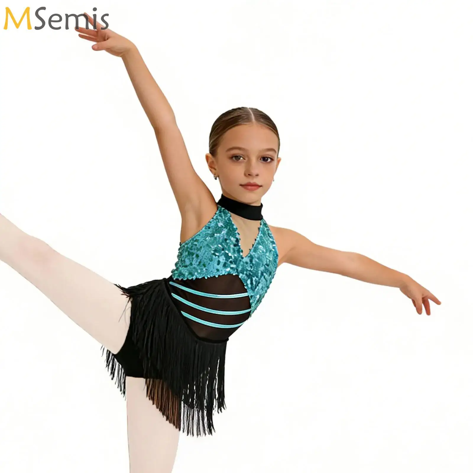 

Kids Girls Tassels Latin Dance Dress Metallic Back Halter Mesh Fringe Sequin Ballet Skirted Leotard Stage Performance Costume