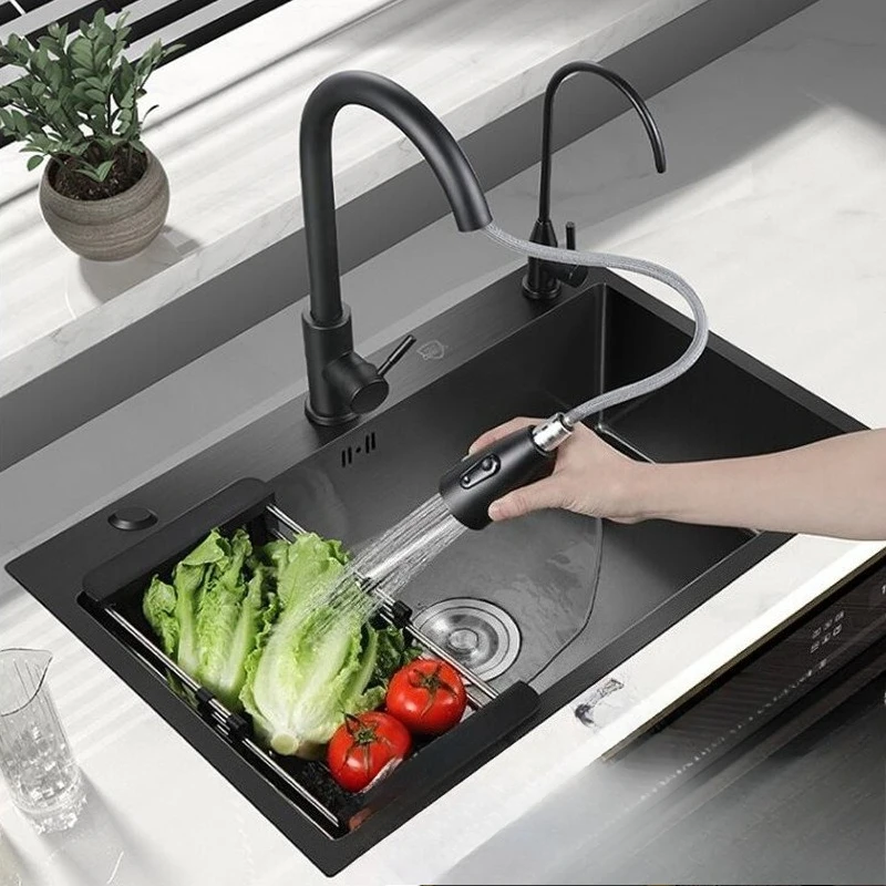 

Nano Black Stainless Steel Kitchen Sink Large Single Bowl Undermount Multifunctional Dish Drainer Grid Strainer Set Furniture