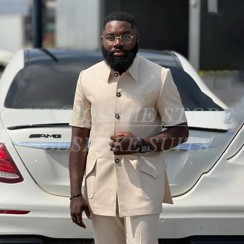 بلون الرجال الدعاوى قصيرة الأكمام عودة تنفيس السترة اليومية 2 قطعة سترة السراويل مجموعات كاملة Custozmied الذكور الملابس Terno #1