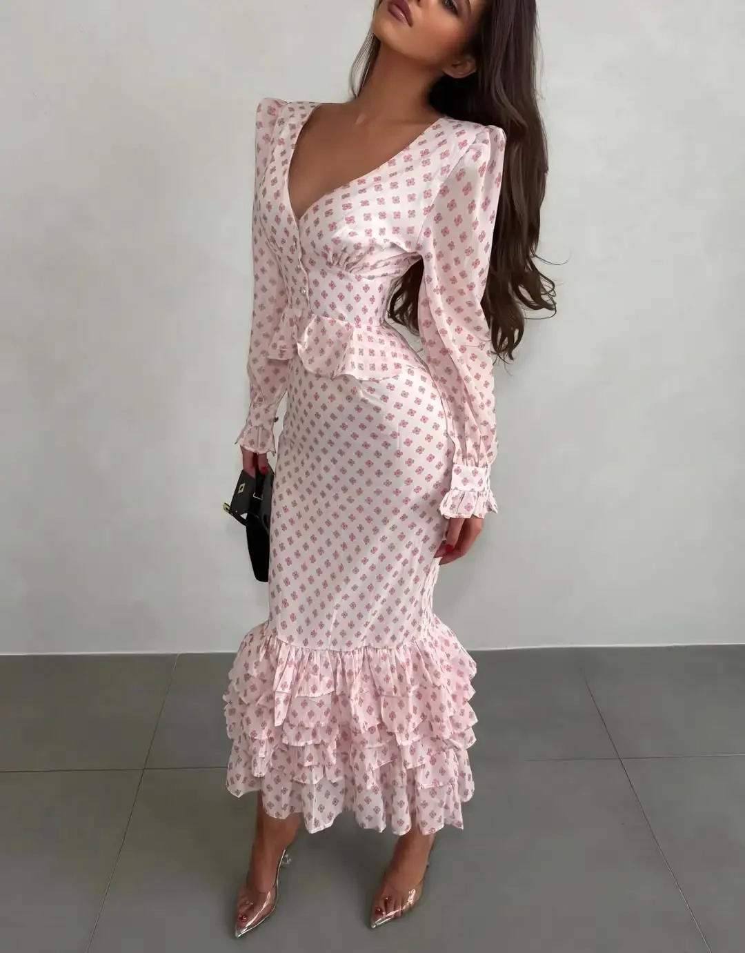 

2026 New Lady Daily Vacation OutfitsPrinted V Neck Layered Ruffled Hem Midi Dresses Women Long Sleeve Waist-cinching Dress