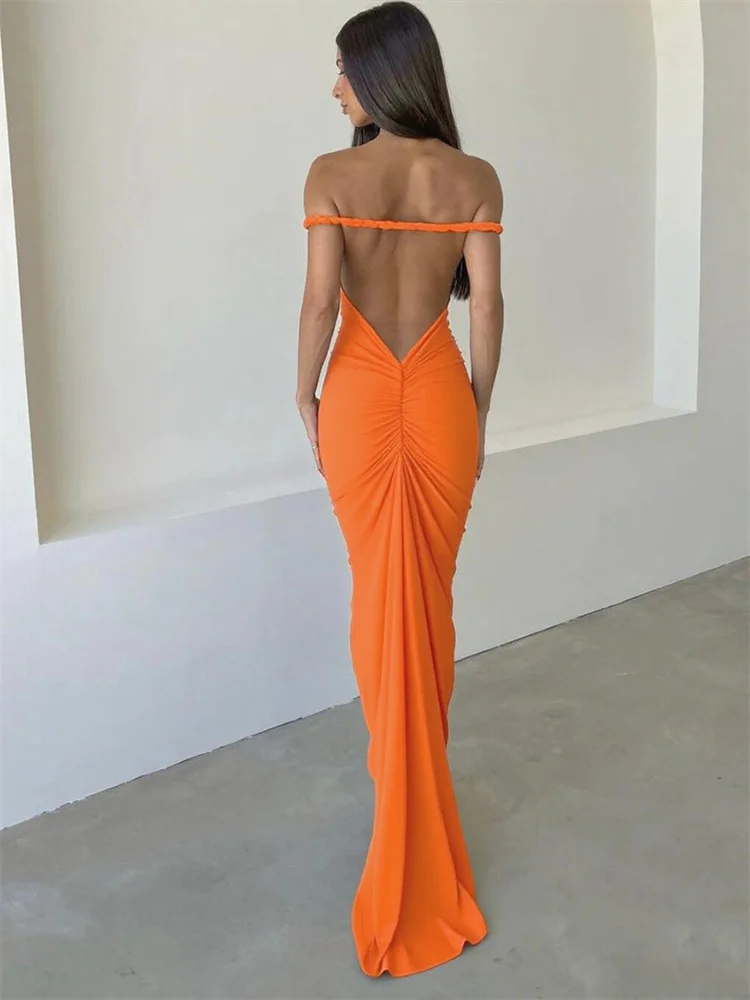 Kliou tissé sangle gaine Maxi robes femmes classique solide Slash cou dos nu froncé moulante femme soirée Banquet robes