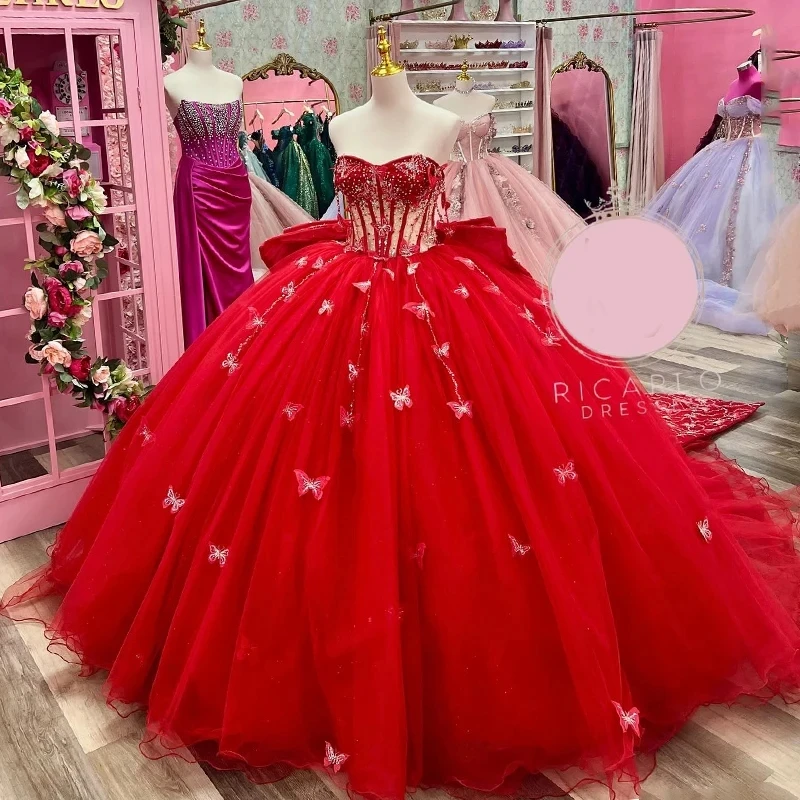 

Red Shiny Ball Gown Quinceanera Dress Off The Shoulder Beads Crystal Bow Tull Corset Princess Sweet 16 Vestido De 15 Anos