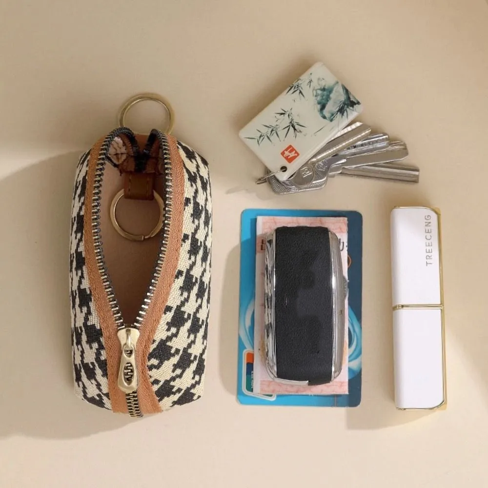 Portable Pu Leather Long Style Wallet Canvas Printing Houndstooth Zipper Purse Handbag Coin Purse Square Change Purse Girls