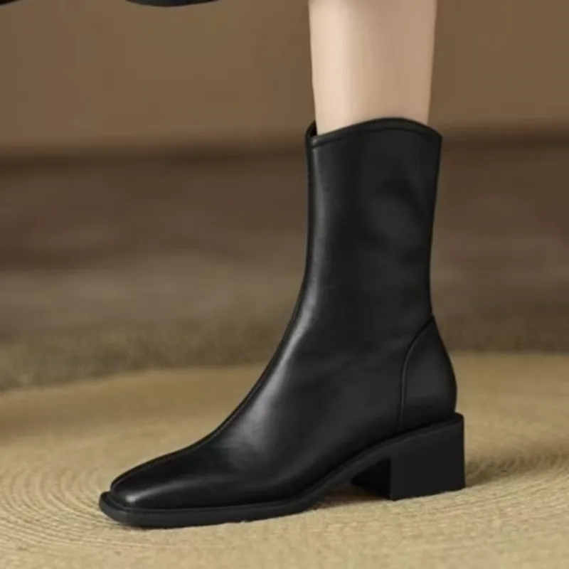 

Women's Fashion Chelsea Boots Black Brown Original Leather Shoes High Heels Autumn Winter Boot Business Office Dress Ankle Botas