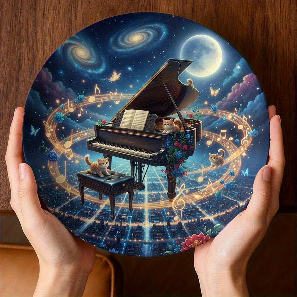 1pc Piano Cats Fantasy Designed Decorative Plate | Ceramic Round Plate, Non-Food Contact, Novelty Fashionable Decor for Wall