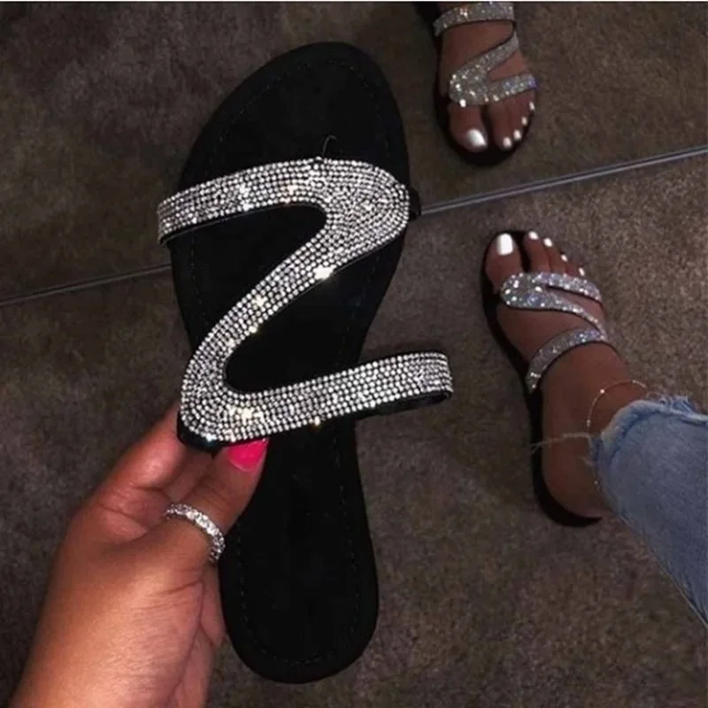 Sexy Women Summer Flat Slippers Rhinestone Shoe Open Toe Roman Beach Sandal ladies Flip Flops Black Non-slip Slides size 35-43