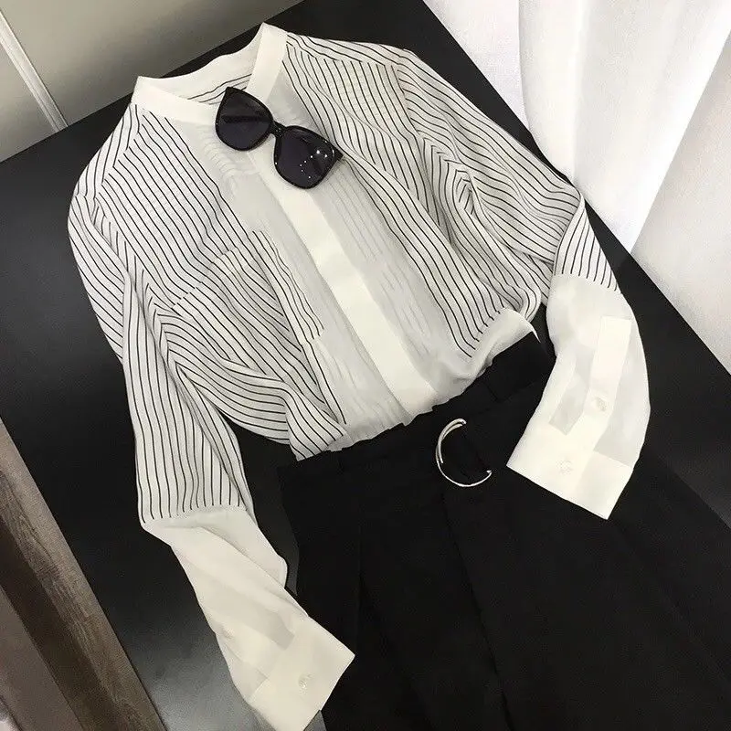 Spring Summer Loose Chiffon Shirt Tops Women\'s Fashion Striped Patchwork V Neck Long Sleeve Office Blouse Temperament Clothing