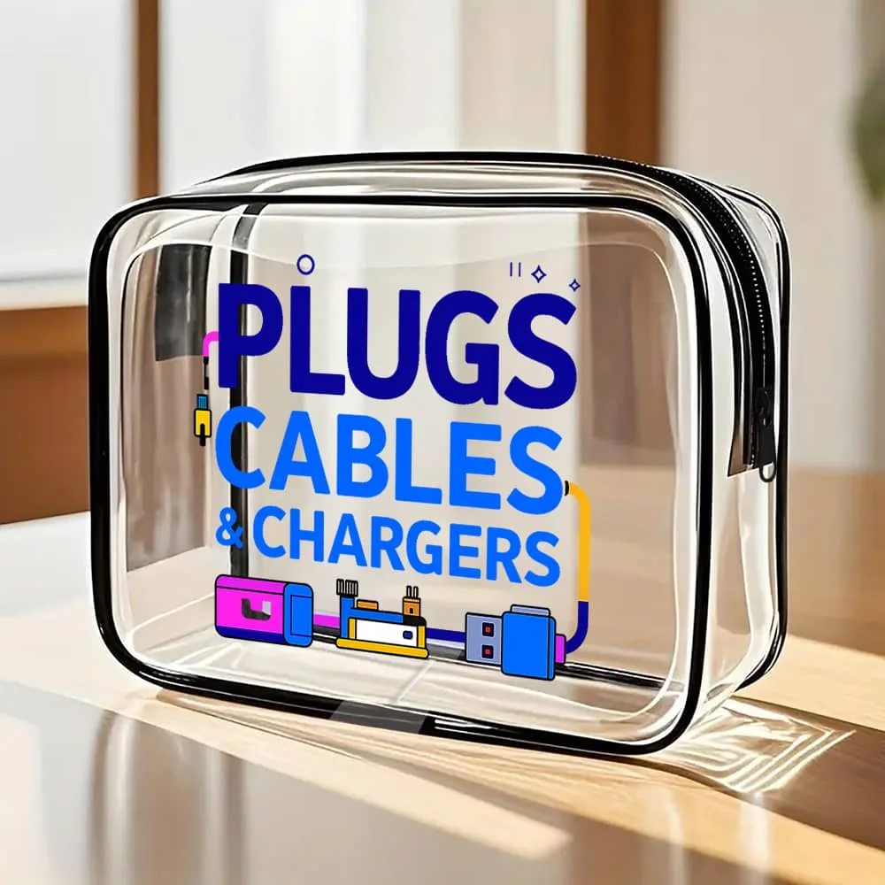 Clear Plugs & Cables toiletry bag.