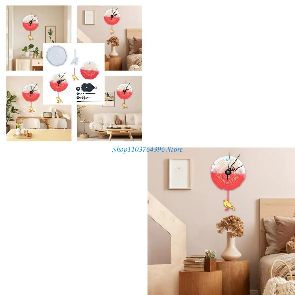 

Silicone Mold Silicone Clock Molds Clock Casting Tool for Artistic Resin Craft Featuring Tree Rings and Bird Pattern