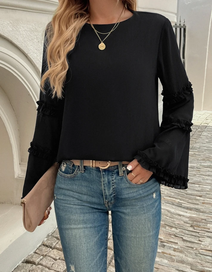 

Elegant Socialite Loose Trumpet Long Sleeved Top Women's Clothing T-Shirt Pullover Tops 2025 Autumn Winter New Fashion Casual