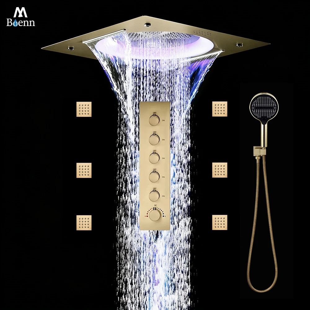 M Boenn Brushed Gold Shower System Set Black Concealed Shower Head Bathroom Chrome Shower Panel Thermostatic Divider Brass Valve