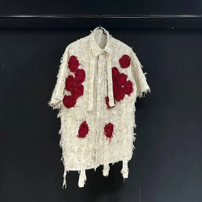 Personality Male Shirt Niche Flower Splicing Decorative Tassels Ribbon Design Short Sleeve Lapel Loose Men's Tops HJY78